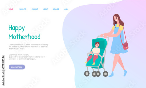 Mom going with carriage, smiling woman in dress walking with pram, little child sitting in buggy, together outdoor, happy motherhood web vector. Website or webpage template, landing page flat style