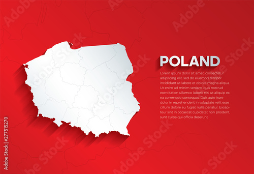 Polska mapa z cieniem. Wytnij papier na białym tle na czerwonym tle. Ilustracji wektorowych.