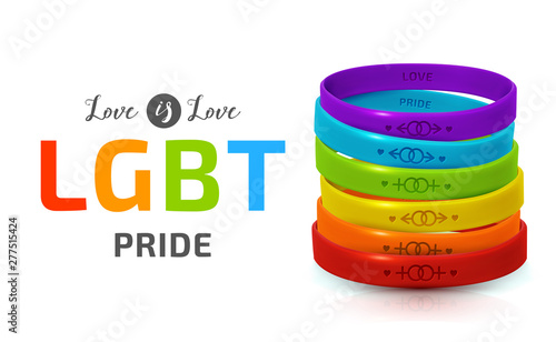 LGBT Pride concept. Rainbow rubber bracelets for homosexual people. Silicone wristbands with symbols of gender: Lesbian and Gay. Day of bisexuality and International Day for Tolerance poster