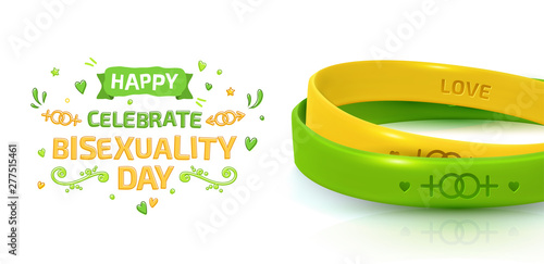 LGBT Pride concept. Yelllow and green rubber bracelets for homosexual people. Silicone wristbands with symbols of gender: Lesbian and Gay. Day of bisexuality and International Day for Tolerance poster