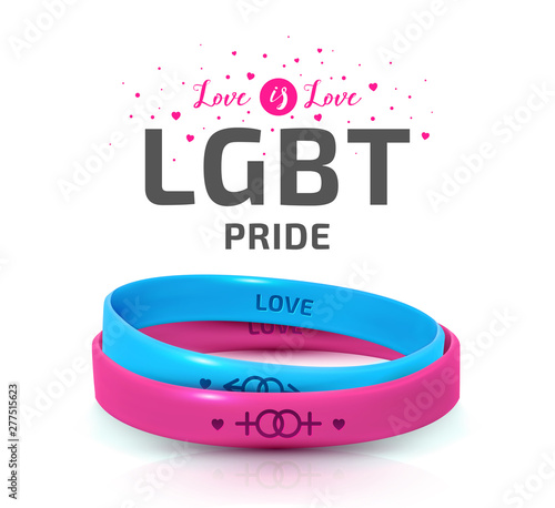 LGBT Pride concept. Pink and blue rubber bracelets for homosexual people. Silicone wristbands with symbols of gender: Lesbian and Gay. Day of bisexuality and International Day for Tolerance poster