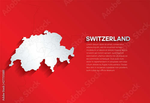 Switzerland Map with shadow. Cut paper isolated on a red background. Vector illustration. 