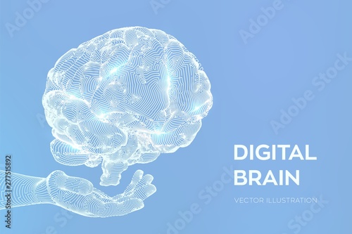 Brain. Digital brain in hand. 3D Science and Technology concept. Neural network. IQ testing, artificial intelligence virtual emulation science technology. Brainstorm think idea. Vector illustration.