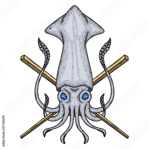 Squid with chopsticks Isolated on white background.