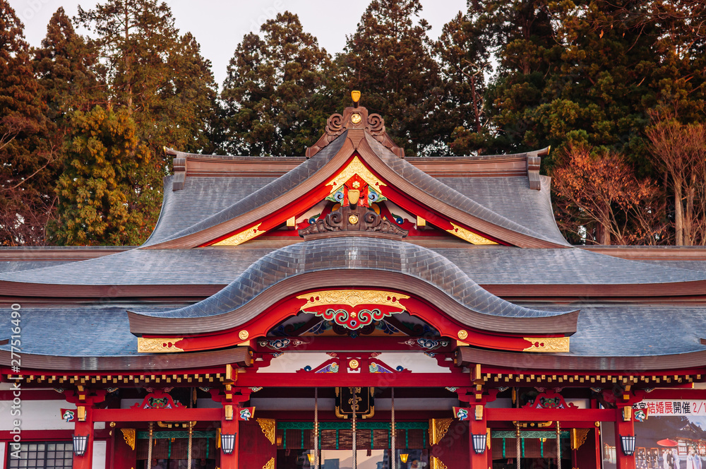 Morioka Hachimangu Shrine main hall facade in evening - Iwate, Japan Morioka Hachimangu Shrine main hall facade in evening - Iwate, Japan