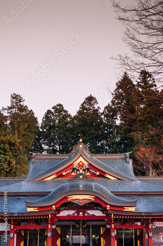 Morioka Hachimangu Shrine main hall facade in evening - Iwate, Japan