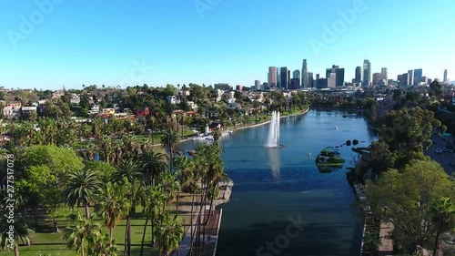 LA Echo Park Downtown Fountain Palm Trees - Forward Lake Aerial