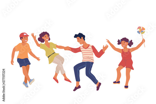 Happy cheerful family, parents and children dancing and jumping flat vector illustration isolated on white background. Mother, father and their kids enjoying together.