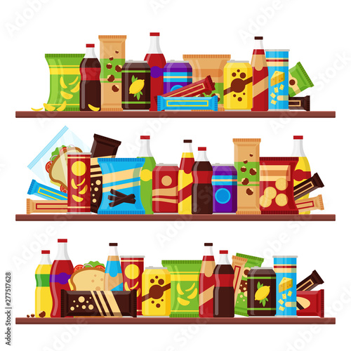 Snack product set on the shelves, colorful fast food snacks drinks nuts chips cracker juice sandwich chocolate isolated on white backgroun