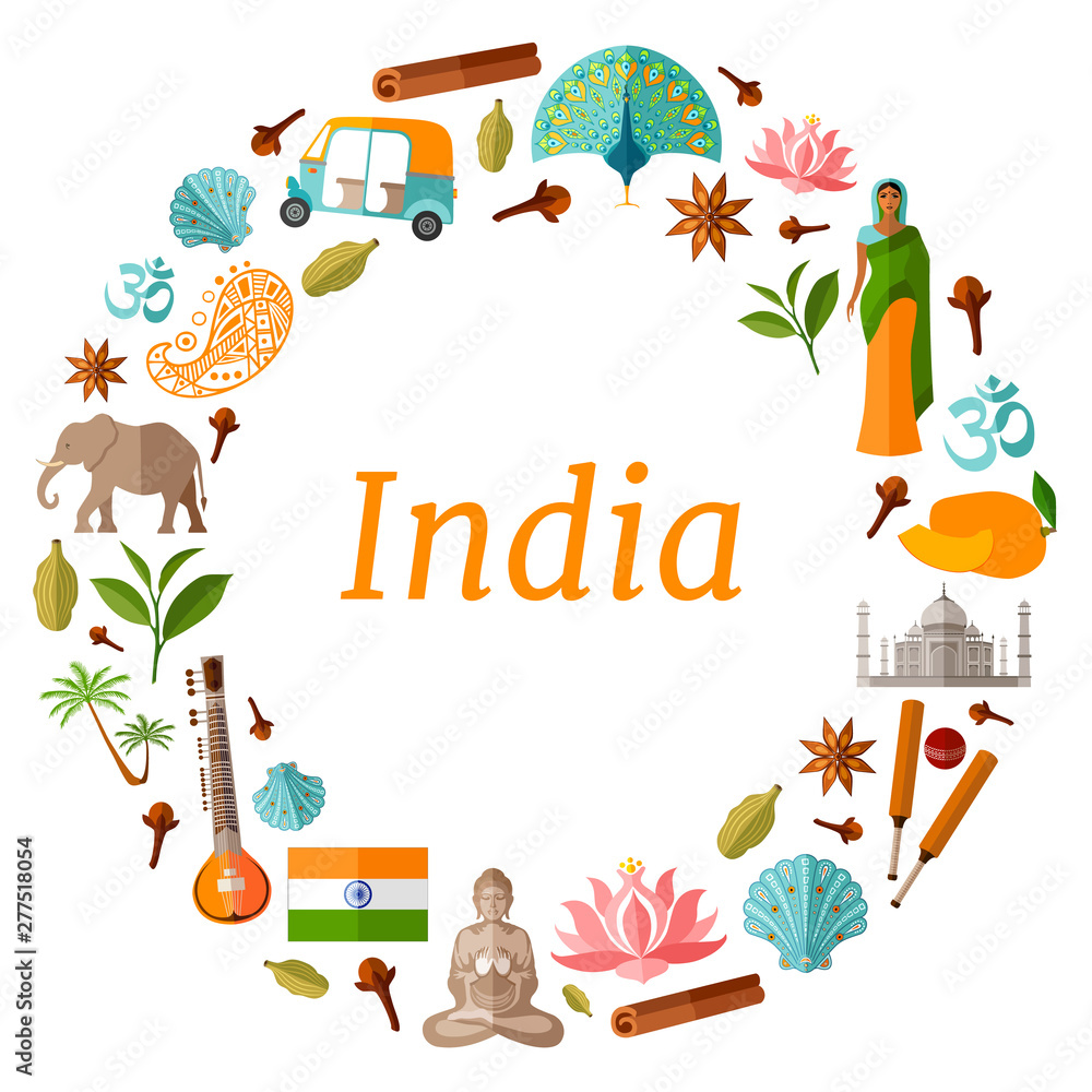 Naklejka premium Decorative frame of the symbols and attributes of India. Vector wreath in flat style on the theme of travel to Asia. Border.