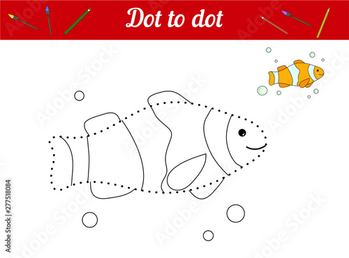 Connect dots and color the picture. Clown fish. Educational game for children. Find hidden personage. Page to color. For preschool and primary school age. Learning card. Vector illustration
