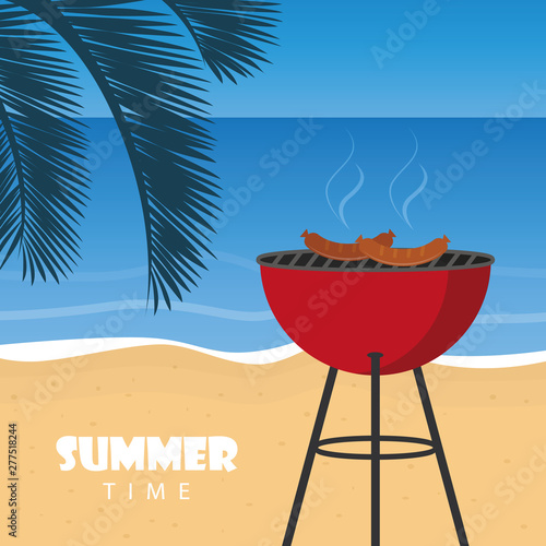 summer time barbeque on the beach with palm leaf vector illustration EPS10