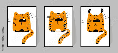 A set of three posters with wild animals a tiger, a leopard, a trot. Ginger cats are drawn in cartoon style with different stripes. For the design of the house, creating prints on clothes.