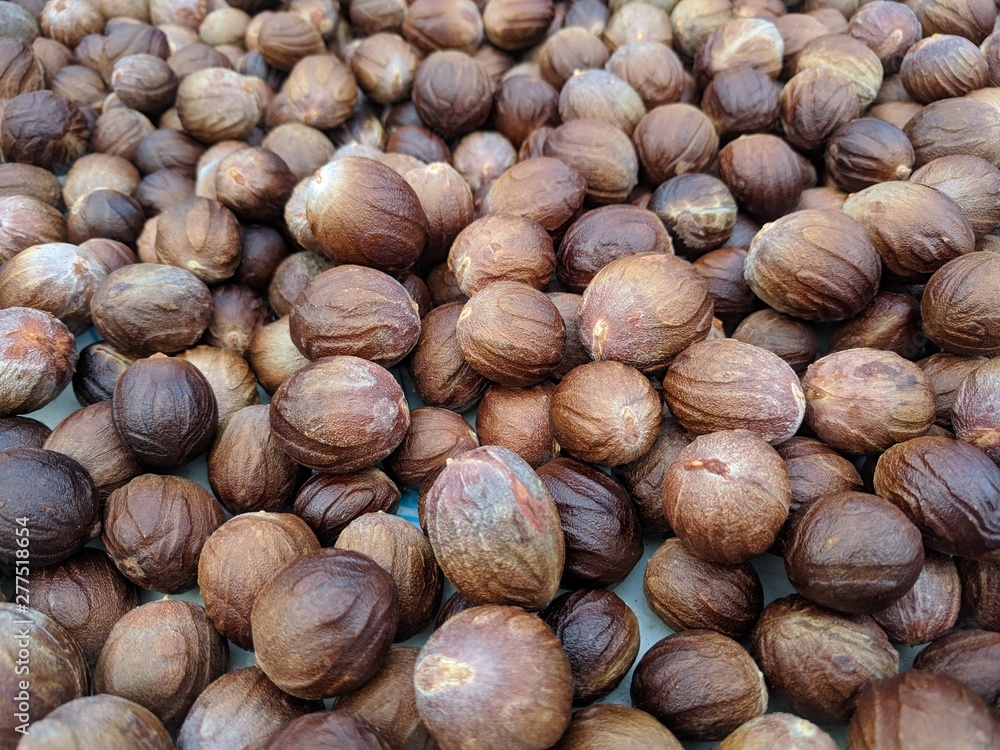 Dark brown nutmeg seeds drying naturally under the sun Dark brown nutmeg seeds drying naturally under the sun