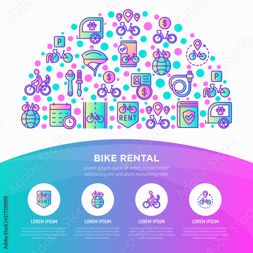 Bike rental concept in half circle with thin line icons: rates, bicycle tours, pet trailer, padlock, helmet, child seat, sharing, pointer, deposit, mobile app, cycling route. Vector illustration.