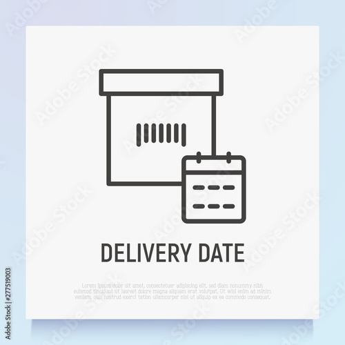 Delivery date thin line icon: package with calendar. Modern vector illustration of planning shipping.