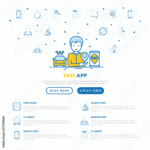 Man using taxi app. Web page template with thin line icons: payment method, promocode, app settings, info, support service, phone number, location, pointer, route, destination. Vector illustration.