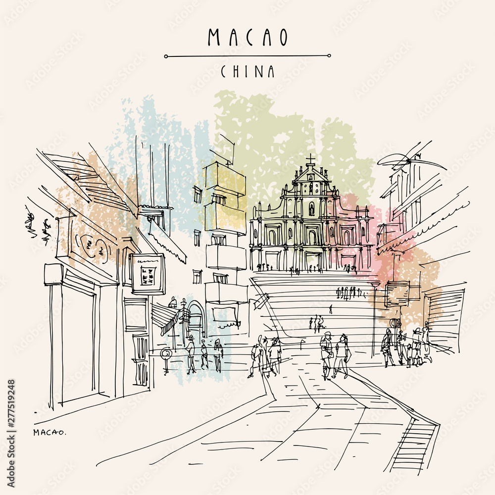 Macao (Macau), China, Asia. View of the ruins of St. Paul's Cathedral and people in the walking street. Shopping area. Travel sketch. Artistic drawing. Vintage hand drawn postcard. Vector illustration