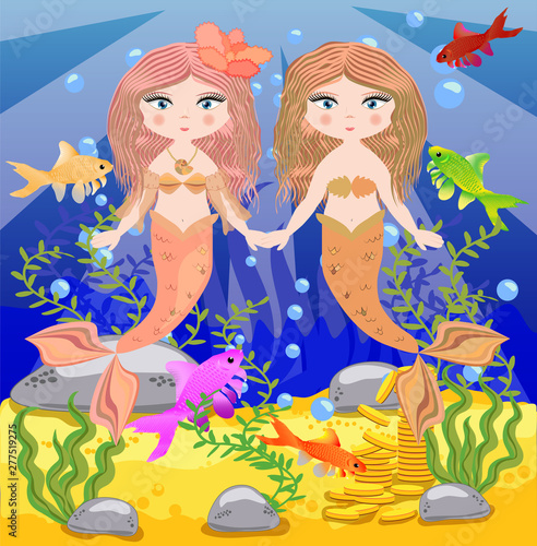 background with an underwater world in a children's style. A mermaid is sitting on a rock.