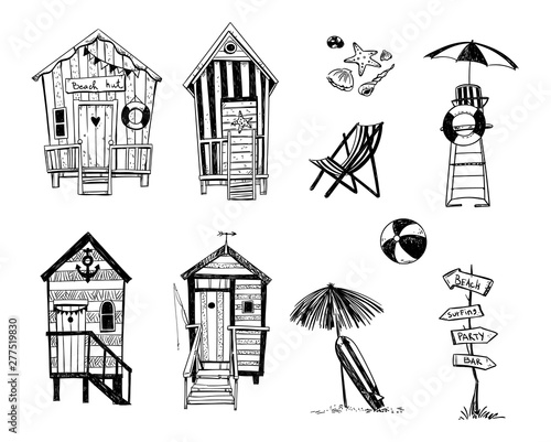 Fototapeta beach huts by the sea, set of beach life icons, vector sketch.