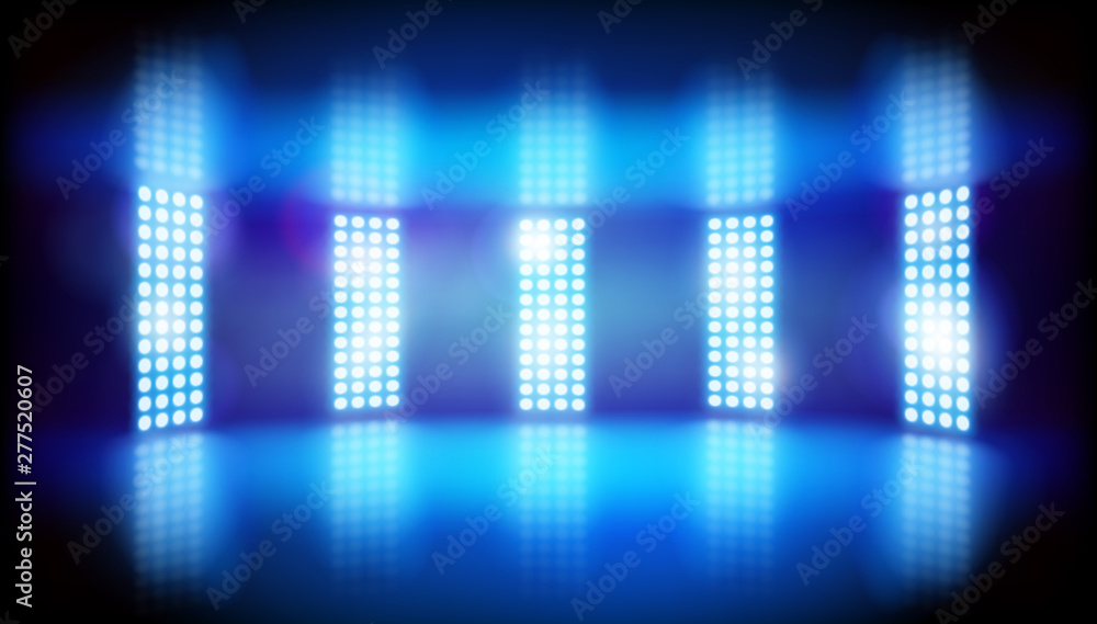 Show in a television studio. Lights on the stage. Blue background. Vector illustration.