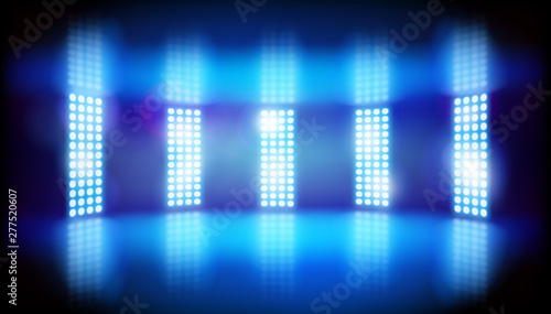 Show in a television studio. Lights on the stage. Blue background. Vector illustration.