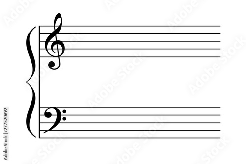 Grand staff, also great stave. Two staves are joined by brace to be played by one performer on a keyboard instrument or harp. Typically with treble clef and bass clef. Illustration over white. Vector.