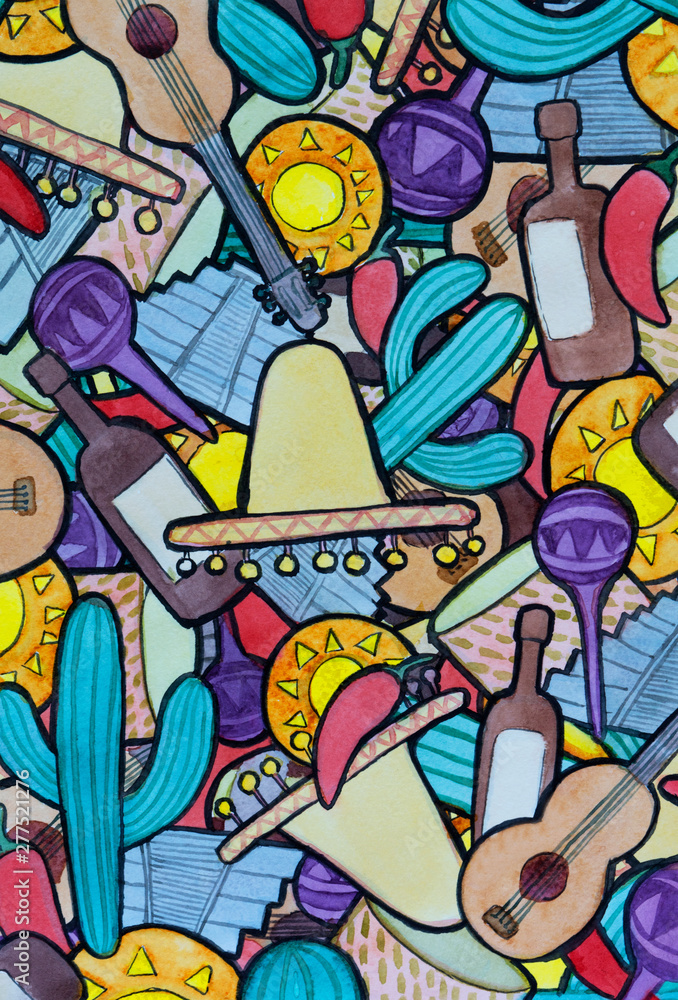 abstract Mexican themed background watercolor illustration