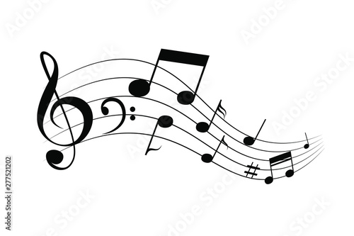 Waving notes and melody vector icon. Black silhouette isolated on white background. 