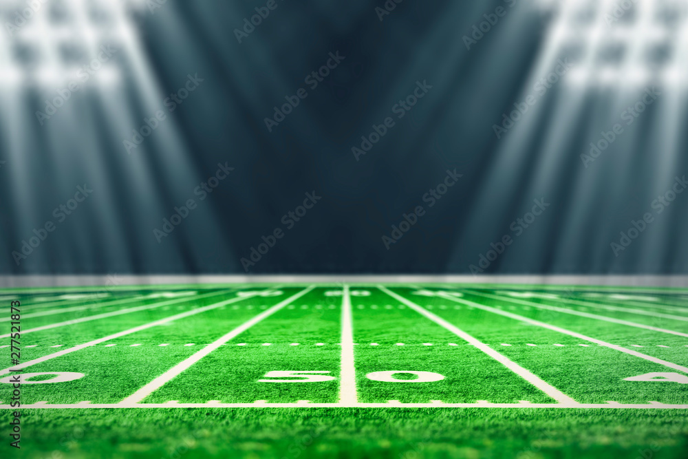 Perspective of football field. Football stadium with white lines