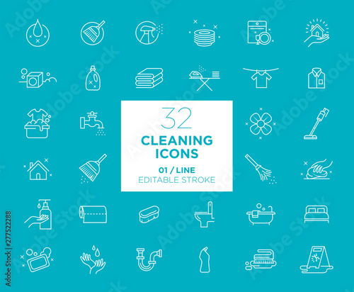 Set of Cleaning white icons in line