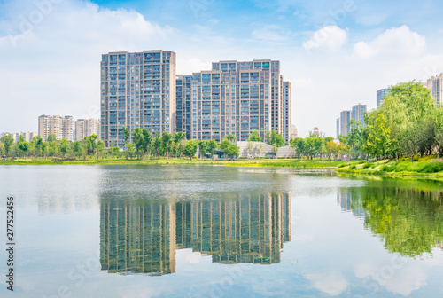 Architectural scenery around Jincheng Lake Park in Chengdu, Sichuan Province, China