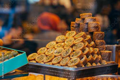 Tipical turkish baklava pastries on sale at the market in Istanbul