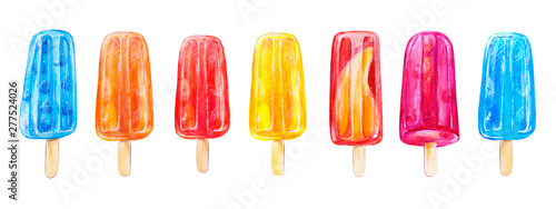 Set of seven colorful ice creams from frozen fruit and berry juice. Watercolor painting. Food background. Hand drawn sweets illustration. Summer cold desserts. Painted backdrop. Sketch drawings.