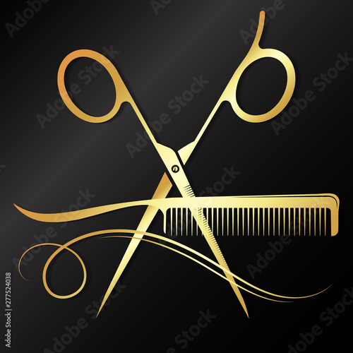 Golden scissors and comb with a curl of hair. Design for a beauty salon and hair stylist
