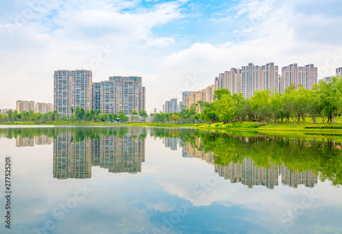 Architectural scenery around Jincheng Lake Park in Chengdu, Sichuan Province, China