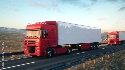 Front-view camera moves towards a convoy of semi trucks driving on a highway into the sunset. Realistic high quality 3d animation.