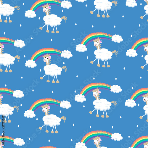 Horses against the cloudy sky with rainbows and drops. Children's seamless pattern