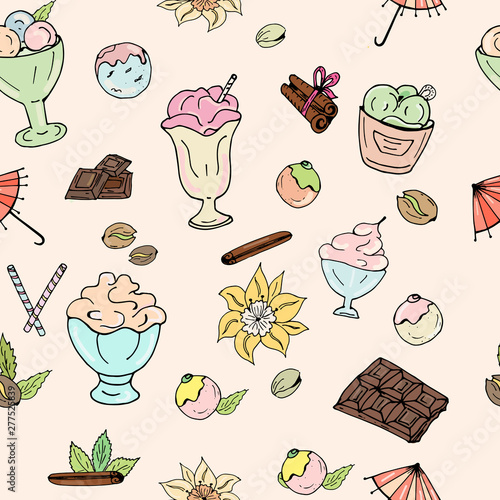 Pattern of ice cream, chocolate, nuts, vanilla and cinnamon on a light background.