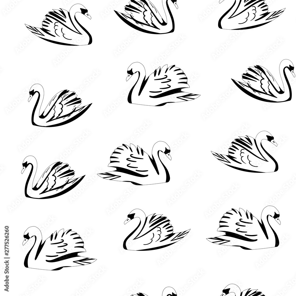Seamless pattern with geometric silhouette of swans. Black white background.