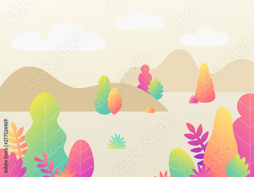 Vector trendy fantasy background with plants. Modern illustration with trees, leaves. Flat design with gradient colours