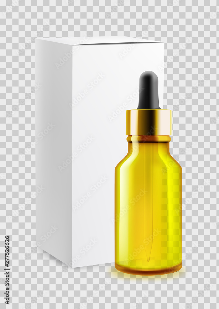 Pipette bottle for citrus oil, empty paper packaging for design and advertising. On the background of transparency.Vector Pipette bottle for citrus oil, empty paper packaging for design and advertising. On the background of transparency.Vector