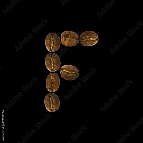 Coffee font alphabet concept isolated on white background. Top view Alphabet made of roasted coffee beans. Letter F