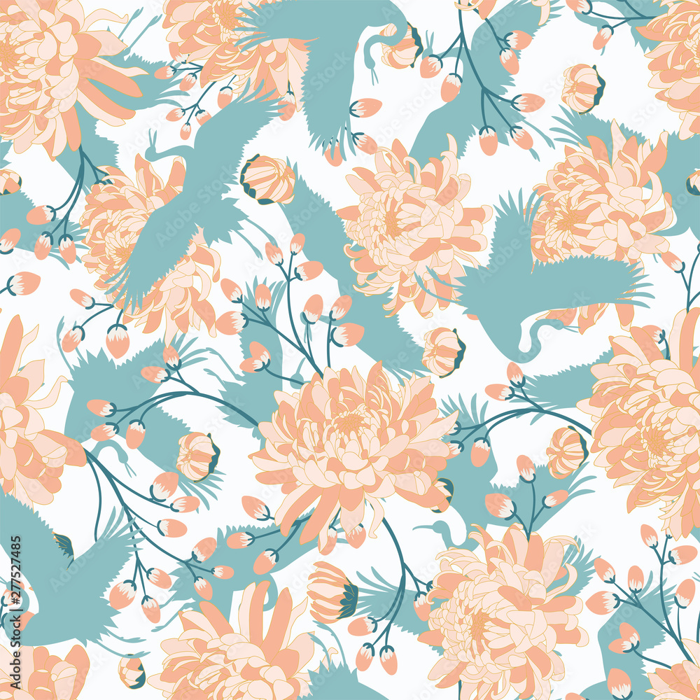 Japanese pattern. Seamless vector ornament with traditional motives. Japanese pattern with storks and chrysanthemum. Japanese pattern. Seamless vector ornament with traditional motives. Japanese pattern with storks and chrysanthemum.