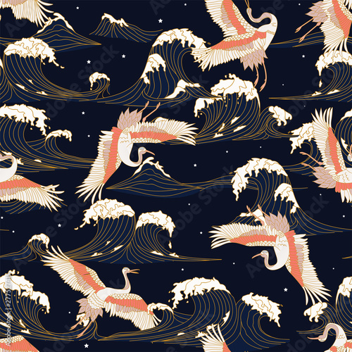 japanese storks in vintage style on Dark background. Oriental traditional painting. White stork. Japanese crane illustration. Japanese pattern