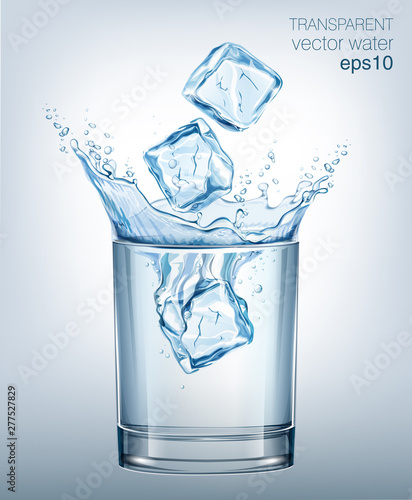 Transparent vector water splash in glass of water on light background