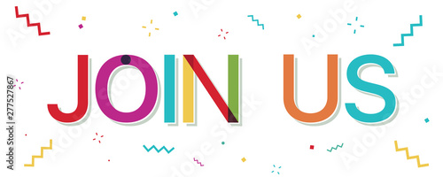 "Join us" colorful text with confetti