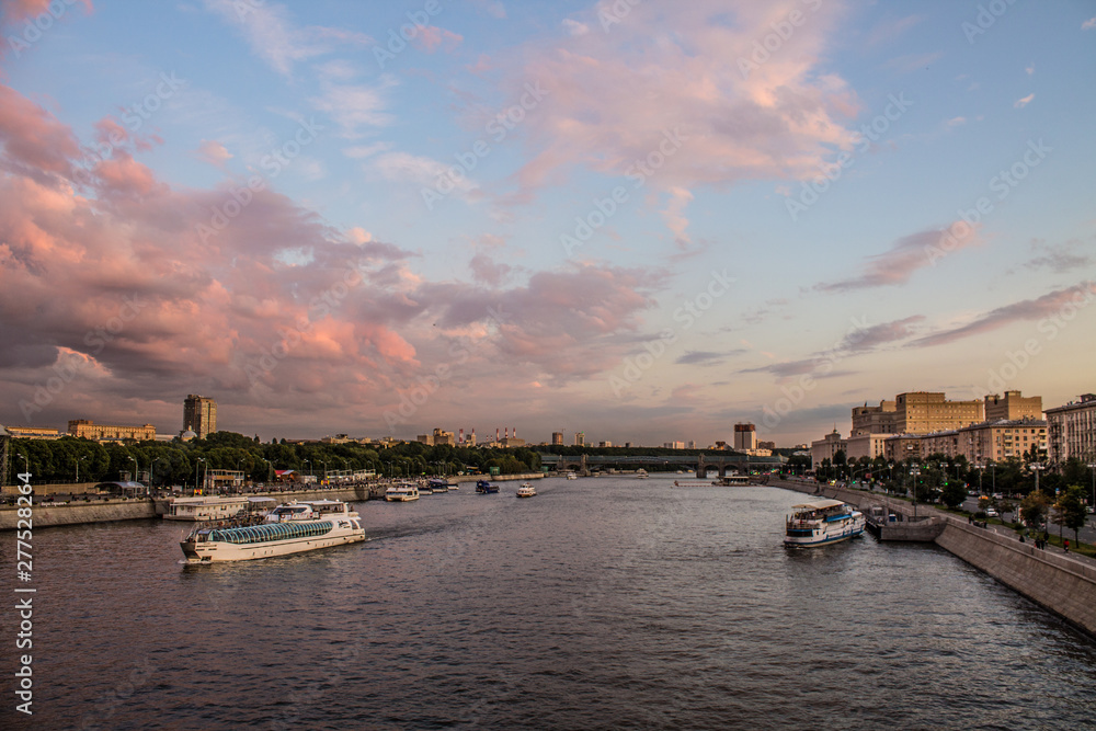 Panoramic view of the river with pleasure boats and architecture in the center of Moscow Russia