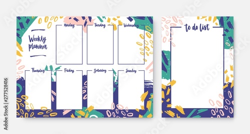 Collection of weekly planner and to-do-list templates with frame decorated by bright colored brush strokes and scribble