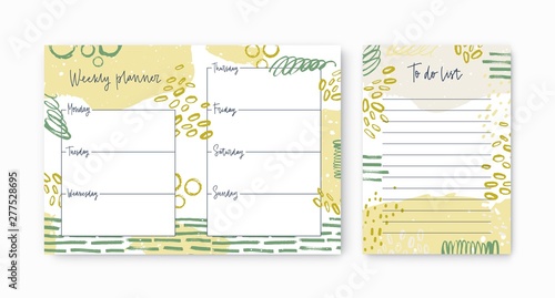 Set of weekly planner and to-do-list templates decorated by vivid paint trace...